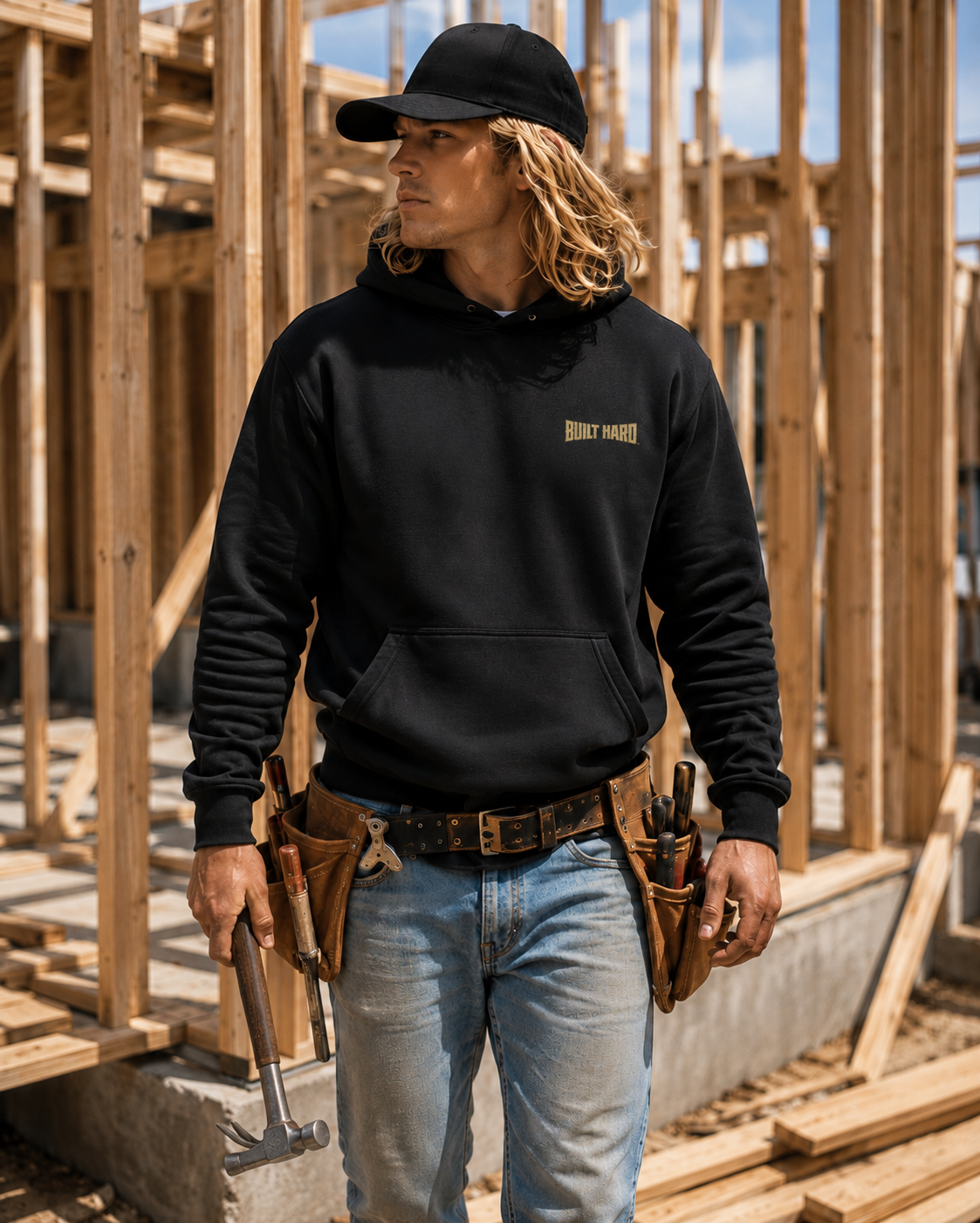 Hoodie — "Built Hard" Coyote Tan Logo Pullover Hoodie